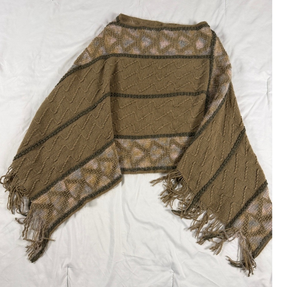 Vintage Knit Poncho Wrap Olive Brown Cable Knit Fringe Boho Shawl One Size